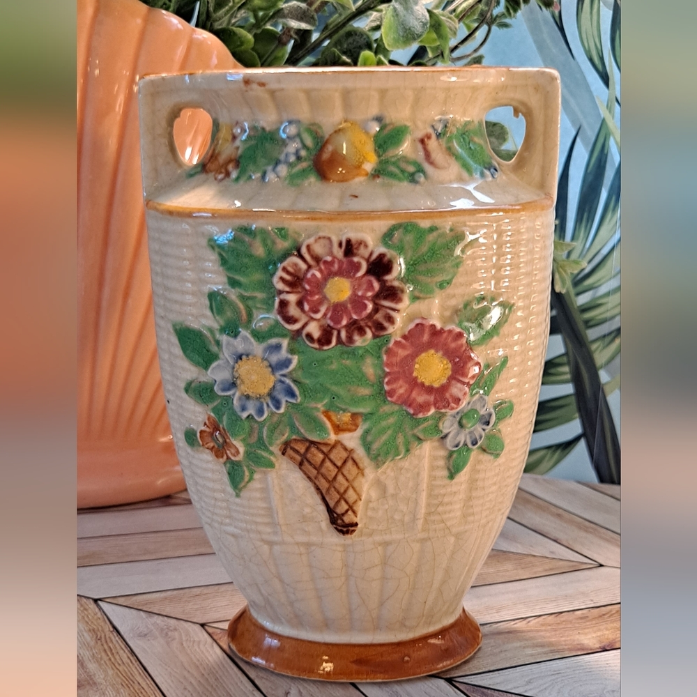 Vtg Majolica Wicker Ceramic Urn Vase